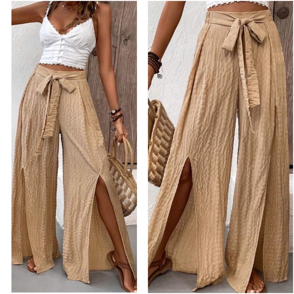 BellanBlue Beige Wide Leg Pants with Tie Belt
